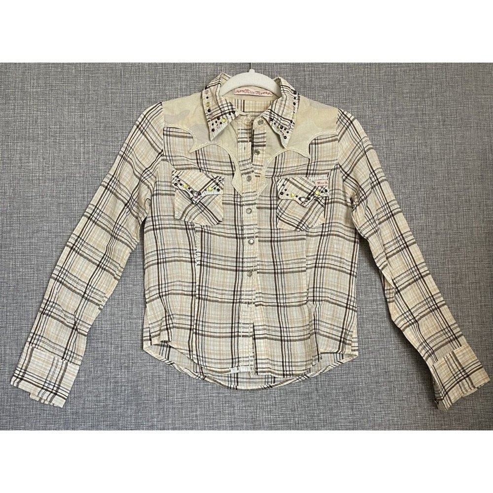 MISS ME Shirt Women's Medium Plaid Western Pearl Button Rodeo Cowboy Vintage